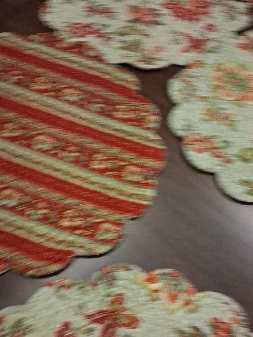 Quilted Floral Scalloped Placemats - Sage Green with Coral Accents (Set of 8)